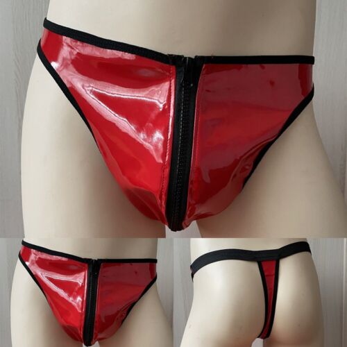 Mens Red Faux Leather Sexy Underwear Thong G string Brief Performance Costume - Afbeelding 1 van 11