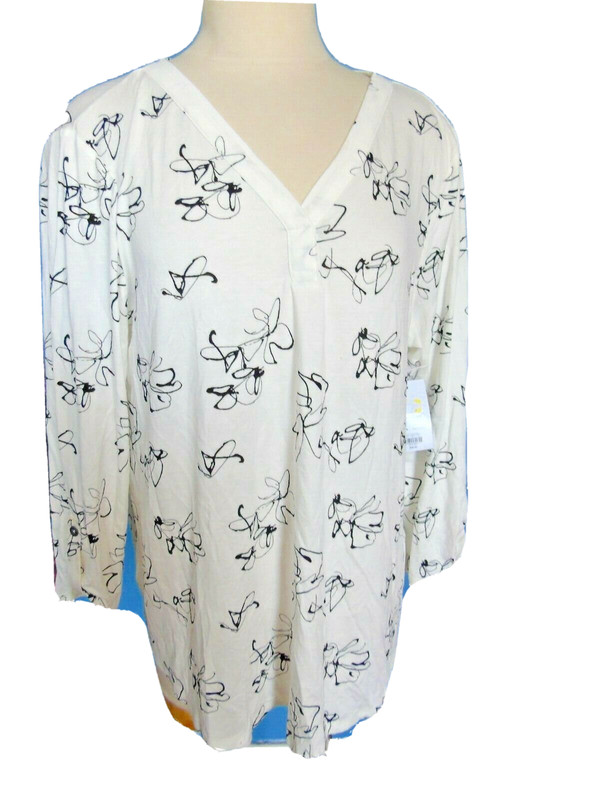 APT 9  blouse NWT womens XL White Black 3/4 sleeve V neck   tunic Top NEW