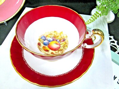 AYNSLEY tea cup and saucer Orchard fruits painted signed D. Jones red teacup 
