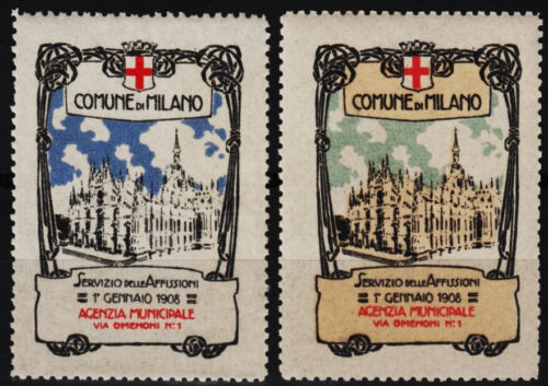 2 alte reklamemarken 1908 comune di milano, servizio delle affissioni, dom /0512 - Afbeelding 1 van 1