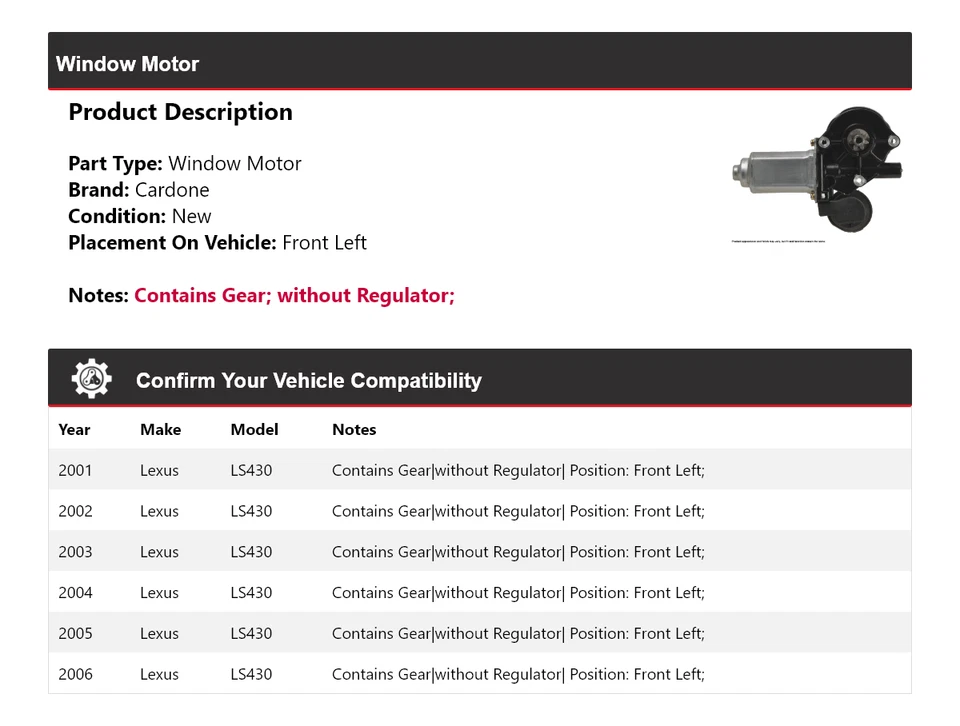 Motor ventana delantero izquierdo cardone 2002 2003 2004 2005 para Lexus LS430 2001-2006 Foto 2 de 4
