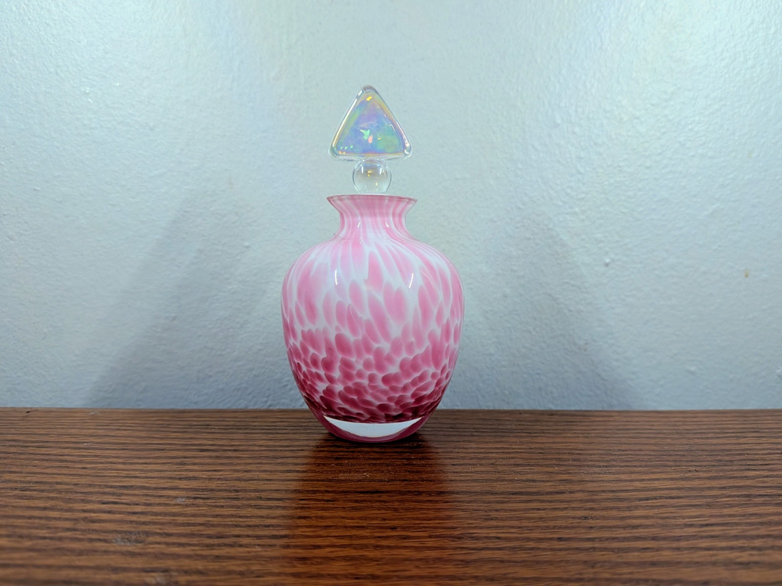 Vintage Pink and White Splatter Glass Perfume Bottle Triangle Lid Slip Glass