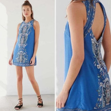 Urban Outfitters Ecote Guinevere Floral Open Back Blue Boho Mini Dress