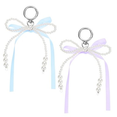 Pearl Bow Keychain, Imitation Pearl Bow Ribbon, Blue, Purple Pack of 2