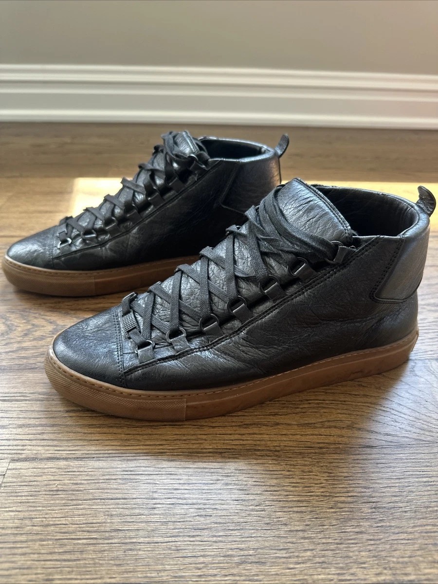 Balenciaga Arena Men 42 Black Leather High Top Sneakers Shoes Lace Up