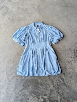 GAP Blue Denim Bubble Hem Mini Shirt Dress Puff Sleeves large NWT