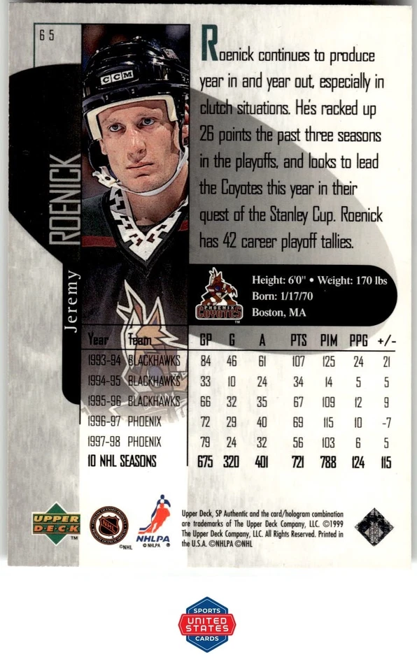 1998-99 SP Authentic #65 Jeremy Roenick - Image 2 of 2