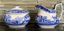 SPODE Blue White Italian Collection Creamer & Sugar Bowl Set, Made In England
