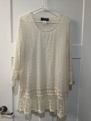 Pyramid Collection Womens Top 1X Ivory Sheer Embroidered Lace Boho Chic Ethereal