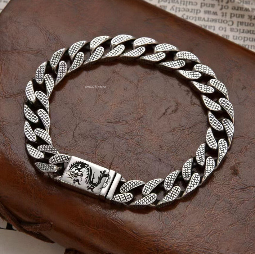 Brazalete de plata esterlina 925 real de pureza de metal escala dragón eslabón de bordillo 7,5/8 pulgadas L