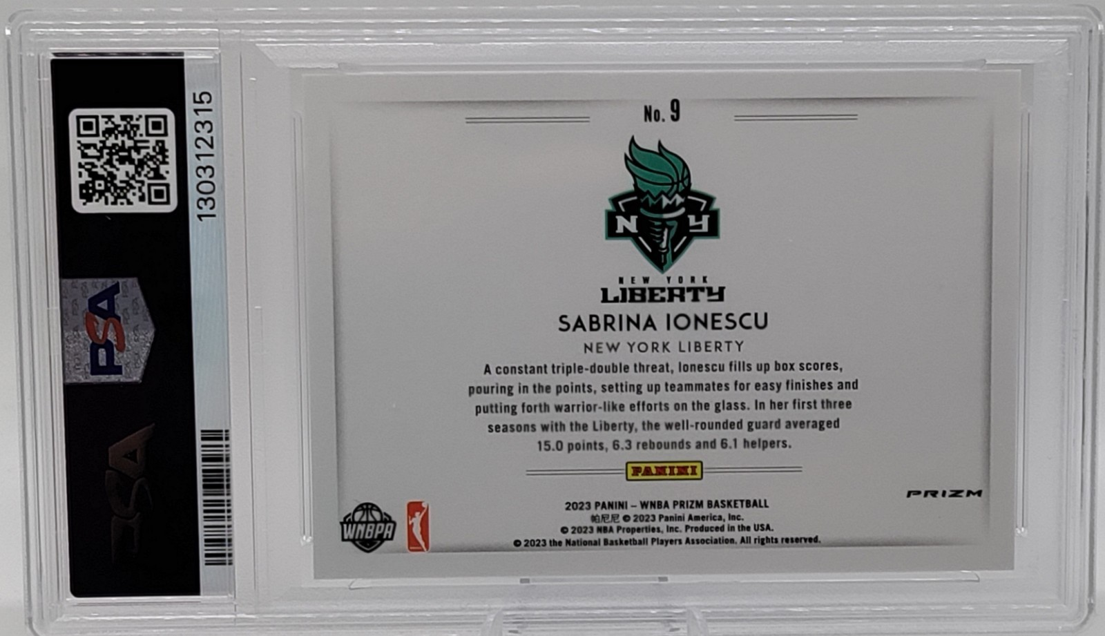 2023 Panini Prizm WNBA PSA 9 Sabrina Ionescu Color Blast #9 LIiberty view 2