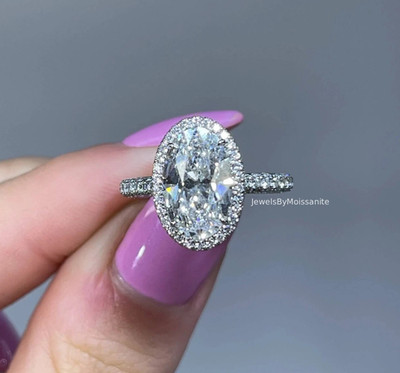 3Ct Oval Cut Moissanite Halo & 3 Side Pave Set Wedding Ring For Women 925 Silver
