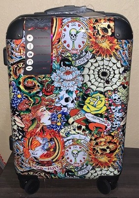 Ed Hardy 21'' Expandable Hardside Carry On Spinner Luggage Suitcase Tattoo Art