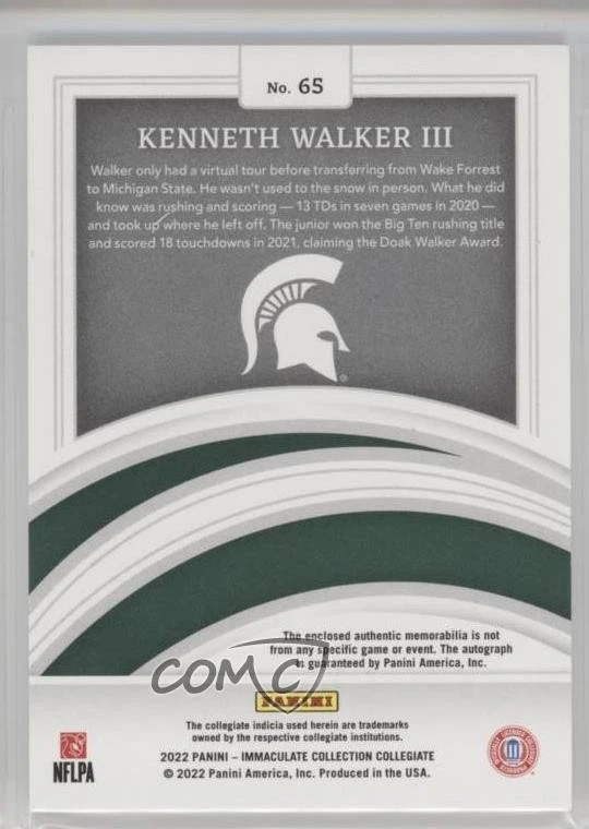 2022 Immaculate Collegiate 1/99 Kenneth Walker III #65 RPA Rookie Patch Auto RC - Image 2 of 3