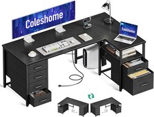 Computer Corner Desk with Drawers, 140×80 cm L Shaped Office Desk with Power.