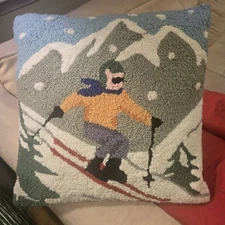 Skier Throw Pillow Hooked Winter Ski Chalet Lodge Downhill Racer Christmas 