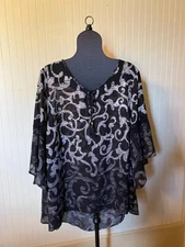 CATHERINES~1X~Black/Tan~Bell SLV ~Tassel Tie~Hilo~FALL BOHO Chiffon Tunic Blouse