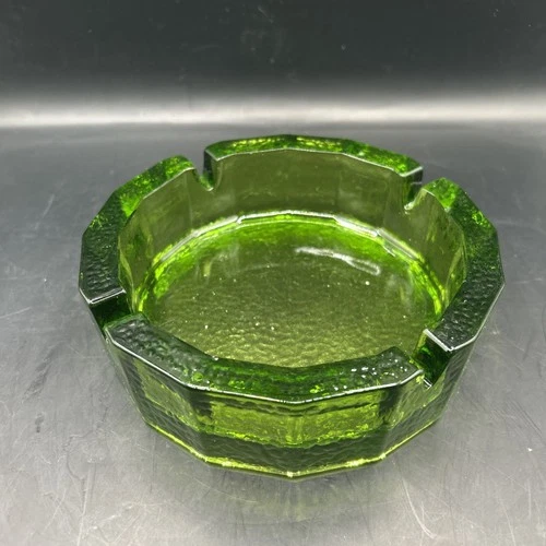 MCM Blenko Green Pebbled Art Glass Ashtray 6" VTG Heavy Glass
