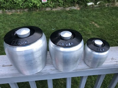 Vintage KROMEX Spun Aluminum MCM Kitchen Canister Set Flour Sugar Tea