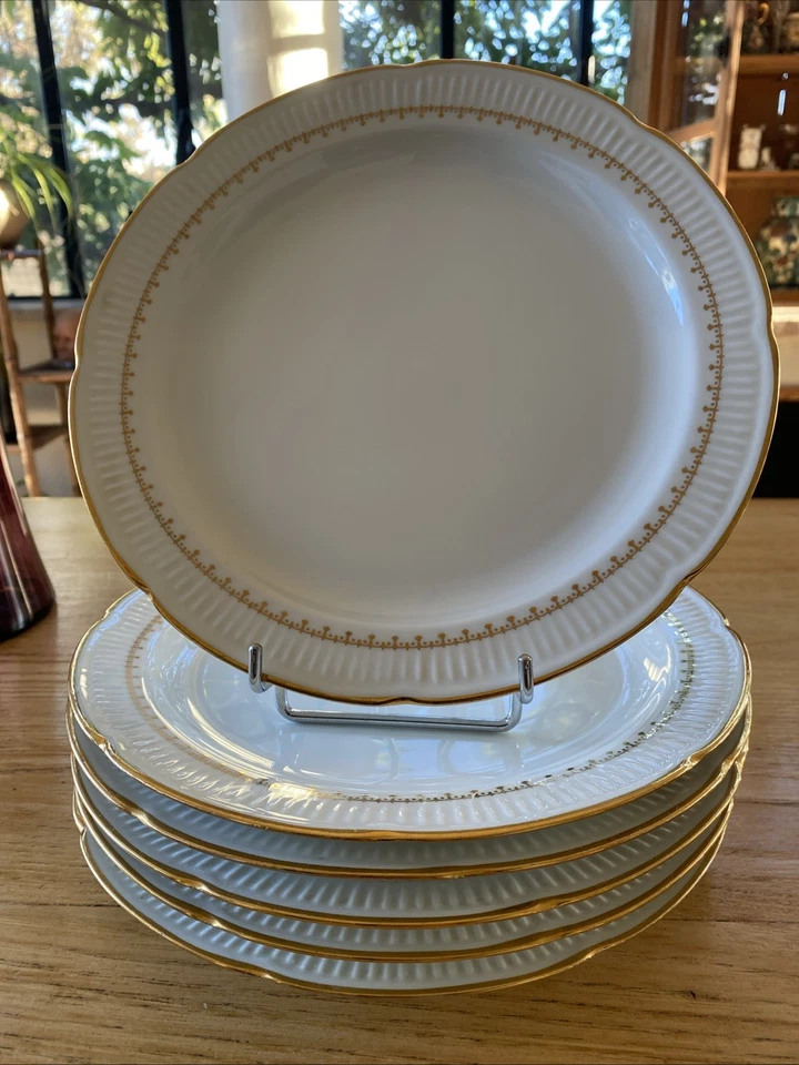 6 assiettes plates en porcelaine de Vierzon blanc frise or Pate Fine Royal - Photo 2/4