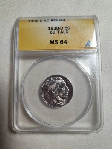 1938-D SC Buffalo Nickel, ANACS MS64, US 5 Cent Coin