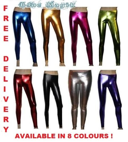 METALLIC SHINY PVC SILVER PINK BLACK GREASE WETLOOK LEGGINGS FANCY DRESS 8-22 - Bild 1 von 9