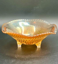 Vintage Jeanette Imperial Marigold Carnival Glass  Iridescent Ribbed Footed Bowl