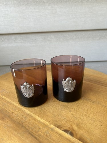 Vintage Dark Purple Pewter Crest On The Rocks Tumblers Glasses 7oz-Set Of 2