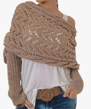 Shawl with sleeves, Cable Knit, Beige, Soft Warm, One Size, New