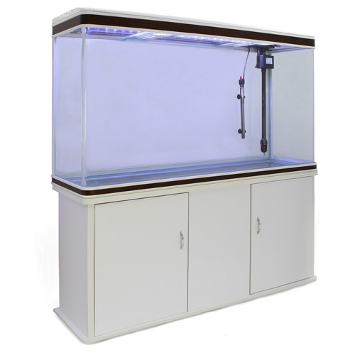 white fish tank and cabinet