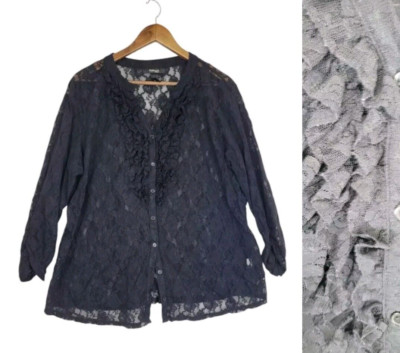 Style&Co. Black Lace Overlay Lined Witchy Long Sleeve Button Up Top Women 2X