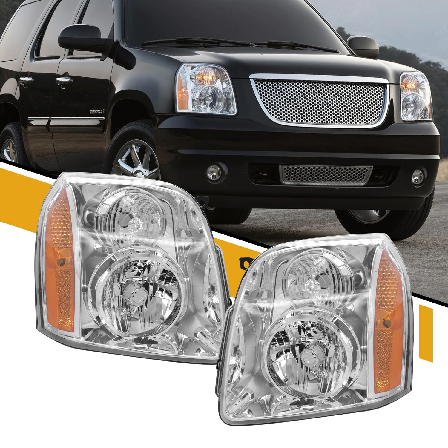 Headlamps For 07-14 GMC Yukon XL Amber Corner Chrome Headlights