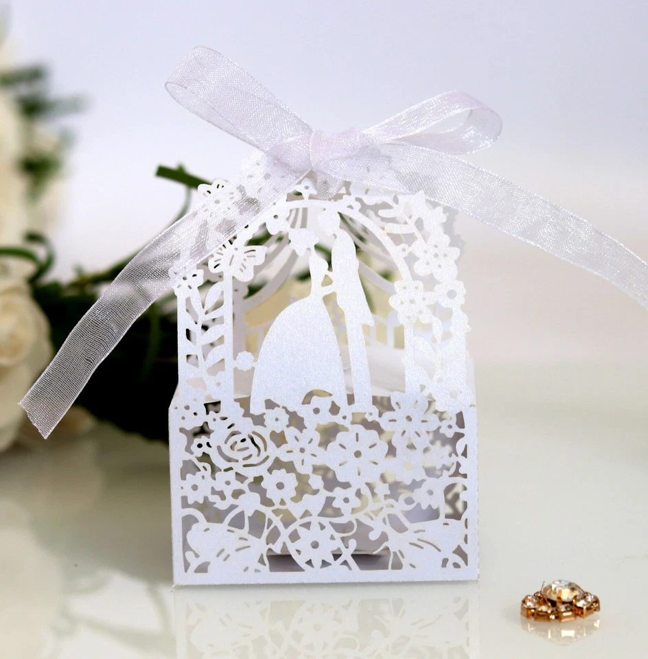100x Cajas de caramelos para novios y novios corte láser con cinta Foto 2 de 4