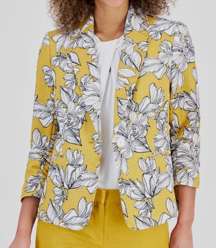 Kasper Women's Yellow Floral-Print 3/4-Sleeve Textured Jacket Size 4 - 第 1/4 張圖片