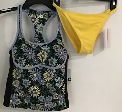SO Swim Swimsuit Top Womens XS Juniors Tankini Daisy Bikini Yellow  Bottoms NEW