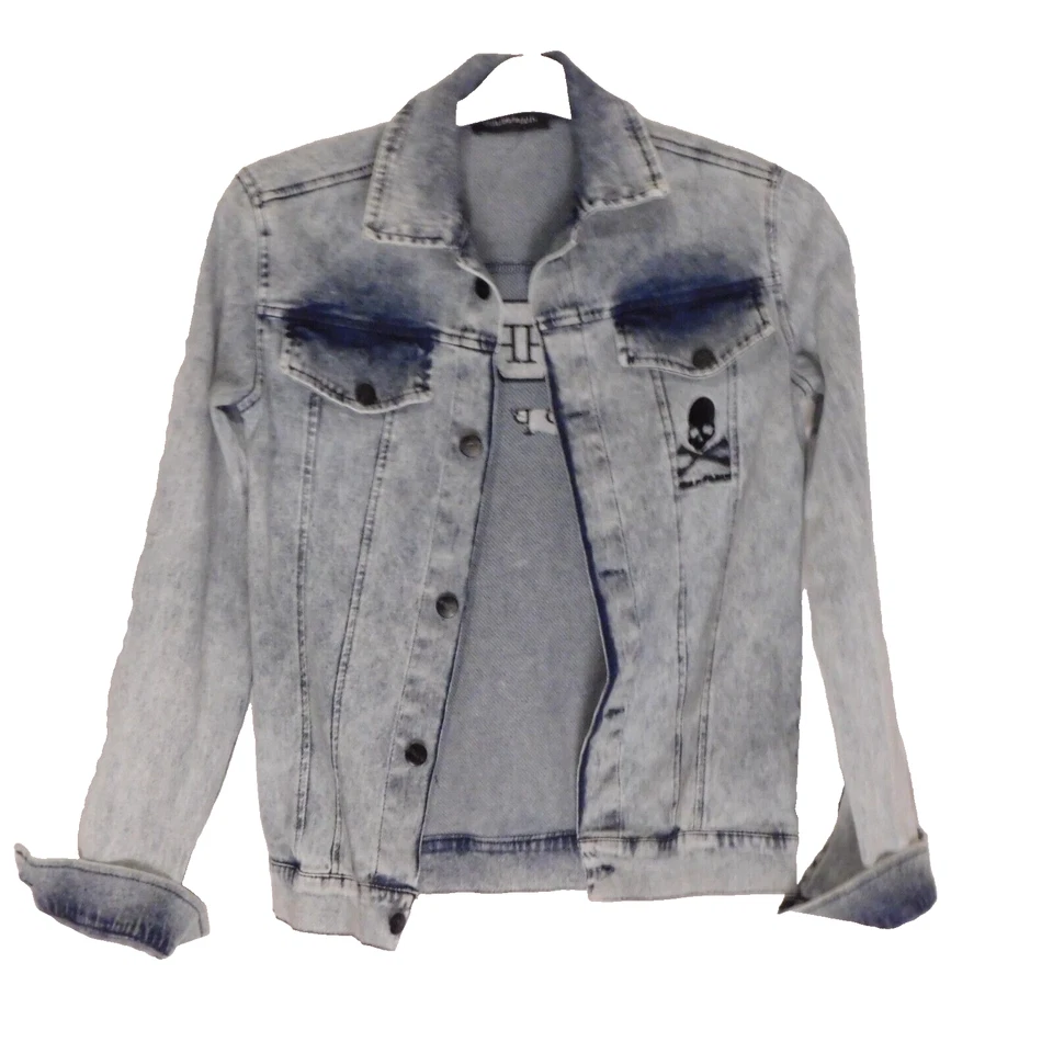 RARE PHILIPP PLEIN Youth 12-14 Blue Denim Stonewash Jacket Skull Name Logo Black - Image 2 of 4