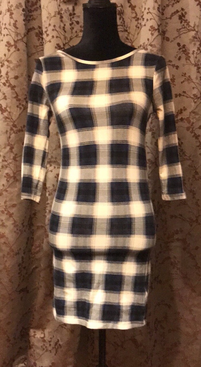 forever 21 blue plaid dress 21- Navy and White Body Fitting Dress, Size Small Plaid mini Size:42 Long + 36 Waist(Adjust 2
