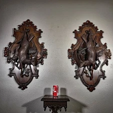 Pair of Exceptional 38" Antique Black Forest Hunting Trophy Plaques-Wall Panels