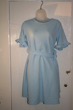 Boohoo Baby blue A line dress with ruffled cuffs and belt tie, 12 BNWT