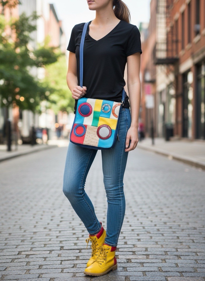 Colorful Patchwork PU Leather Blue Crossbody Mess… - image 1