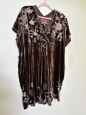 New Johnny Was Dress  Brown Embroidered Floral Maree Velvet  Kaftan Size XS