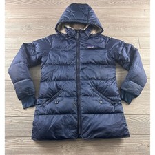 Patagonia Girls XL 14 Down Parka Navy Blue Sherpa Lined Hood Puffer Coat Jacket