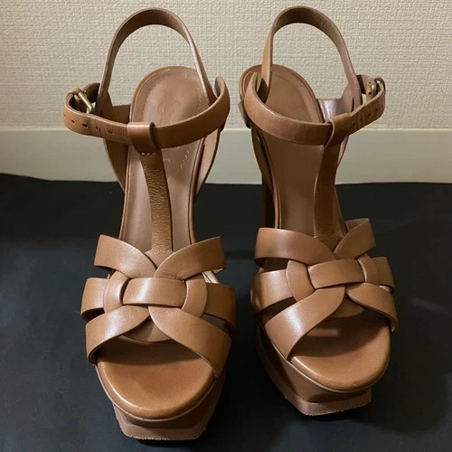 Yves Saint Laurent Tribute Platform Sandals Brown Leather Size 35 US5 Used