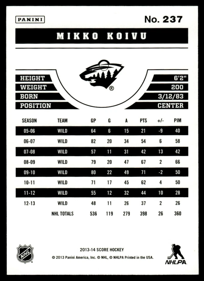 2013-14 Score Gold Mikko Koivu Minnesota Wild #237 - Image 2 of 2