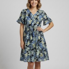 Talbots Colorful Blue Yellow V Neck Flutter Sleeve Dress Size 14