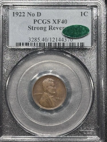 1922 No D Lincoln Cent Strong Reverse PCGS XF40 CAC-RARE KEY DATE