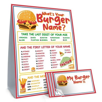 Burger Name Game Cards Set  30 Stickers & Sign for Birthday Party Fun