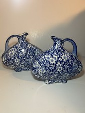 Antique Royal Doulton Blue & White Old Jugs Hawthorn Pattern Pair Unusual