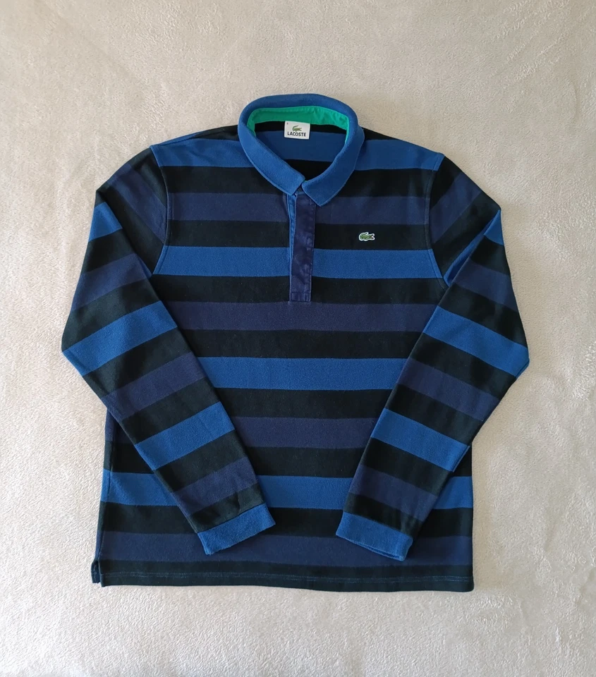 Polo Lacoste Vintage Bleu Rayures Manches Longues Taille 8 Lacoste homme Coton - Photo 2/4