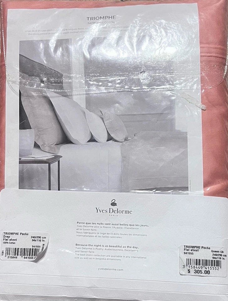 NUEVA Sábana Plana Yves Delorme Drap Queen Triomphe Peche Orgánica 100% Algodón 94x116 Foto 2 de 4